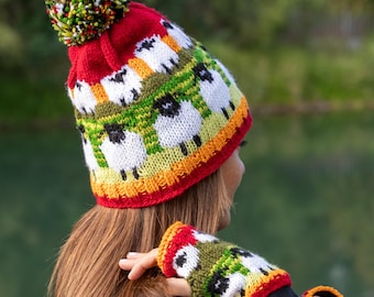 Ręcznie robiony na drutach zestaw czapki z owczej wełny alpaki i rękawiczek bez palców