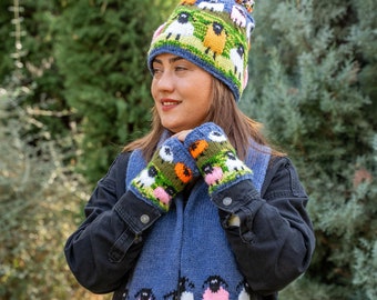 Hand Knit Wool Sheep Beanie Set: Winter Hat, Fingerless Gloves, Scarf