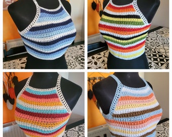 Vintage style 1970s Rainbow racerback crochet tops, Striped knit crop tops, Back Tie Tank Tops, Criss Cross Tops, Hippi boho tops