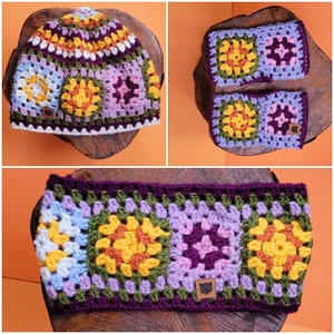 Crochet Granny Square Hat and Hand Warmer Set: Multicolor Flower Beanie image 4