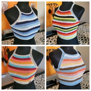 Regenbogen-Racerback-Häkeltops im Vintage-Stil der 1970er Jahre, gestreifte Strick-Crop-Tops, Tanktops mit Rückenbindung, Criss-Cross-Tops, Hippi-Boho-Tops