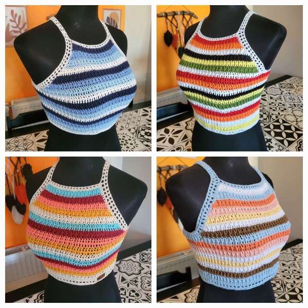 Vintage style 1970s Rainbow racerback crochet tops, Striped knit crop tops, Back Tie Tank Tops, Criss Cross Tops, Hippi boho tops