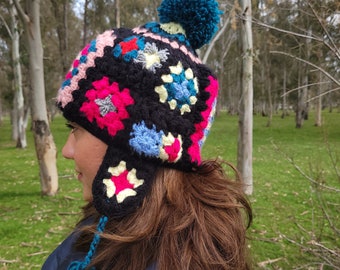 Colorful Granny Square Crochet Trapper Hat, Flower Knit Ear Flap Hat Wool  Peruvian Pom Pom Beanie Vintage Helmet Hat Fleece Lined - Etsy