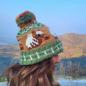 May include: A knitted hat with a brown, white, and green geometric pattern and a fluffy pom pom on top. The hat is worn by a person with long brown hair.