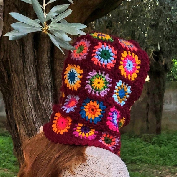Burgundy colorful granny square balaclava | Unique knit balaclava | Warm winter hat | Ski mask | Winter helmet cover |  Face cover