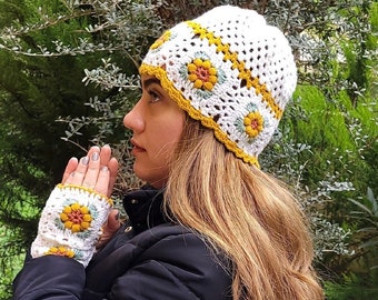 Woman's granny square hat, Crochet fingerless gloves, Matching Set, Flower theme design in Mustard color, Spring Fall All seasons