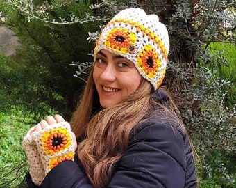 Woman's granny square crochet hat, Fingerless gloves, Matching set, Flower theme in orange and yellow color, Spring/ Fall, All seasons