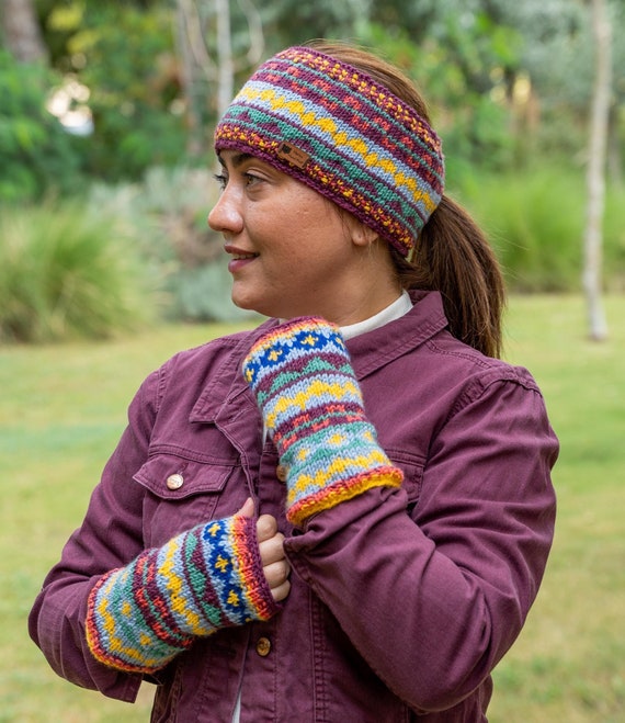 Hand Knitted Fair Isle Headband: Fleece Lined Ponytail Ear 