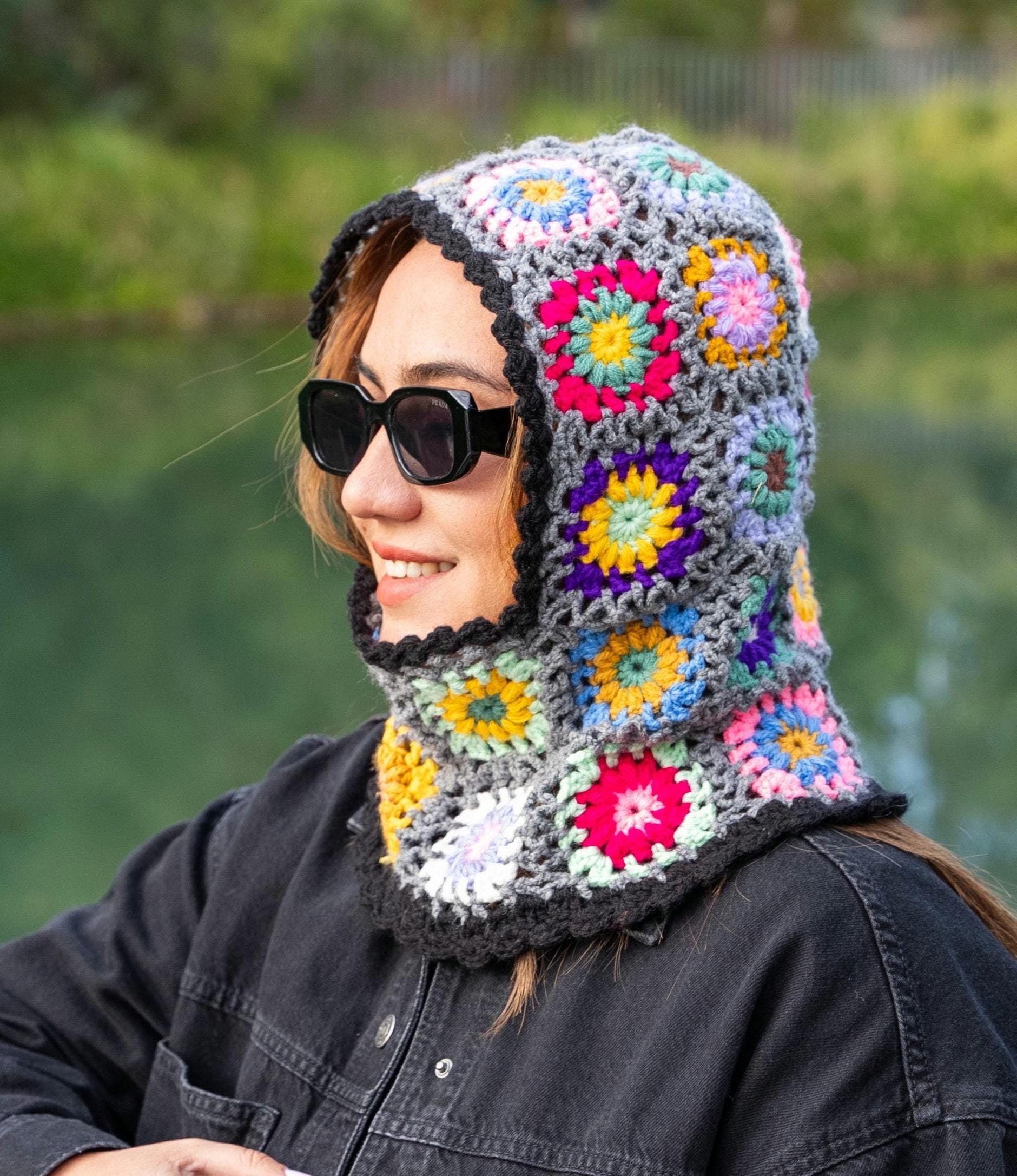 Gray Multicolor Granny Square Crochet Balaclava | Flower