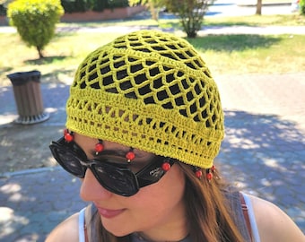 Ręcznie robiona na szydełku czapka z siateczki bawełnianej, oliwkowozielona koronkowa czapka, letni kapelusz w stylu retro