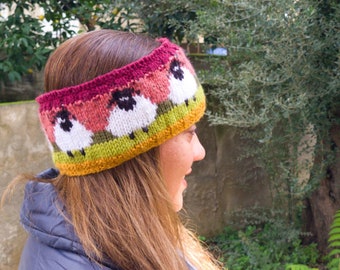 Sheep winter headband, Fleece lined ear warmer, Skiing snow headwrap, Hand made, Cosy and warm