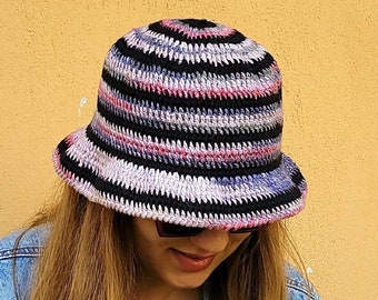 Crochet bucket hat| Striped knit bucket hat| Cotton spring summer hat| Handmade tie dye sun hat| Vintage Boho Retro style