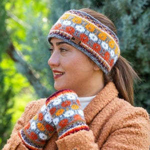 Women&#39;s Hand Knitted Fair Isle Winter Headband | Ponytail Ear Warmer | Fingerless Gloves | Ski Accessories | Fleece Lined | Handmade