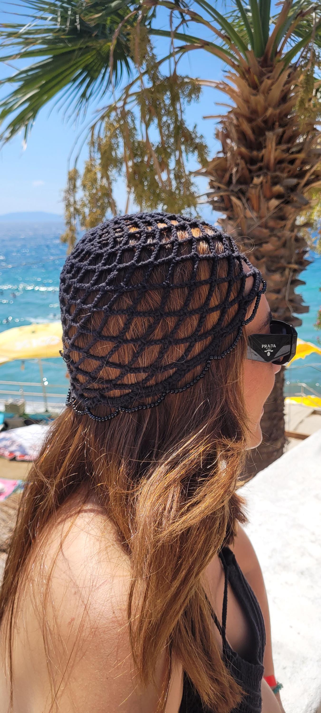 Beaded Black Crochet Cotton Hat, Retro Fishnet Lace Beanie, Handmade - Etsy