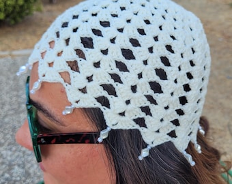 Czapka z koronki z koralikami, dzianina bawełniana w kolorze kości słoniowej, letni kapelusz