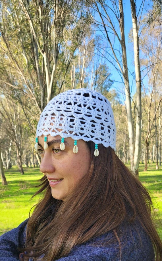 Shell Beaded Crochet Cotton Hat: White Lace Knit Beanie - Etsy display picture 1
