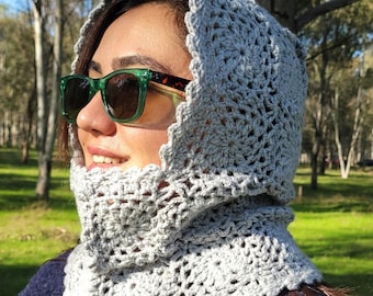 Szara kwadratowa kominiarka babcina szydełkowa: szalik z wełny alpaki