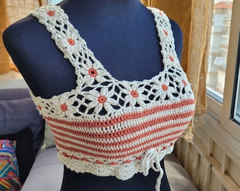 Flower Detail Crochet Tank Top, Handmade boho crop top,Underboob Lace Top Summertime clothing, Cotton, Vintage Style