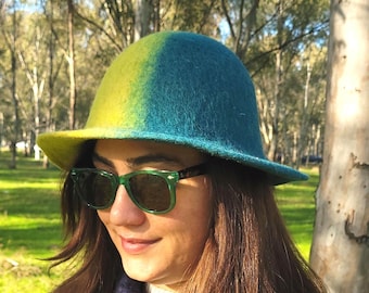 Kapelusz damski z płaskim rondem XL | Kapelusz typu bucket hat z filcu w 100% | Kapelusz boho z organicznej wełny | Dwukolorowy kapelusz retro | Ciepły, stylowy kapelusz | Czepek do sauny
