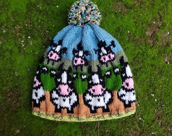 Dairy cow hat, Hand knit wool bobble beanie, Cute animal patterned winter hat, Avaible each size, Cozy and warm, Fleece lined, Handmade