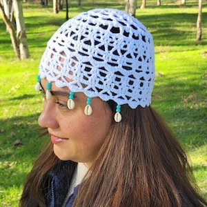 Shell Beaded Crochet Mesh Knitted Hat in White, Skull hat, Retro hat, Crochet hat, Summer Hat, Crochet Lace Beanie, Handmade Gift