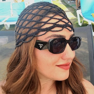 Beaded Black Crochet hat, Cotton Mesh Knitted Hat, Skull cap, Retro hat, Fishnet Hat, Summer Hat, Crochet Lace Beanie, Handmade Gift