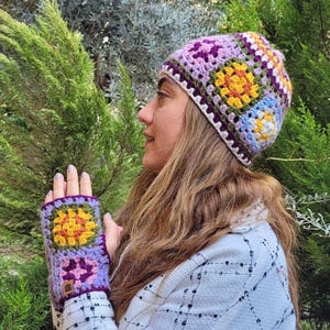 Crochet Granny Square Hat and Hand Warmer Set: Multicolor Flower Beanie image 1