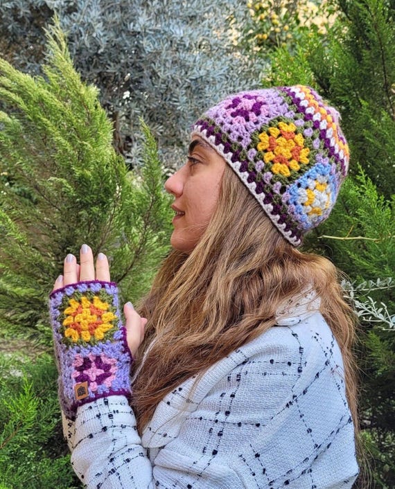 Crochet Granny Square Hat and Hand Warmer Set: Multicolor Flower Beanie