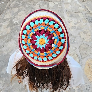 Ecru crochet bucket hat, Knit bucket hat, Mandala pattern sun hat, Striped, Crochet flower hat, Boho, Vintage Style