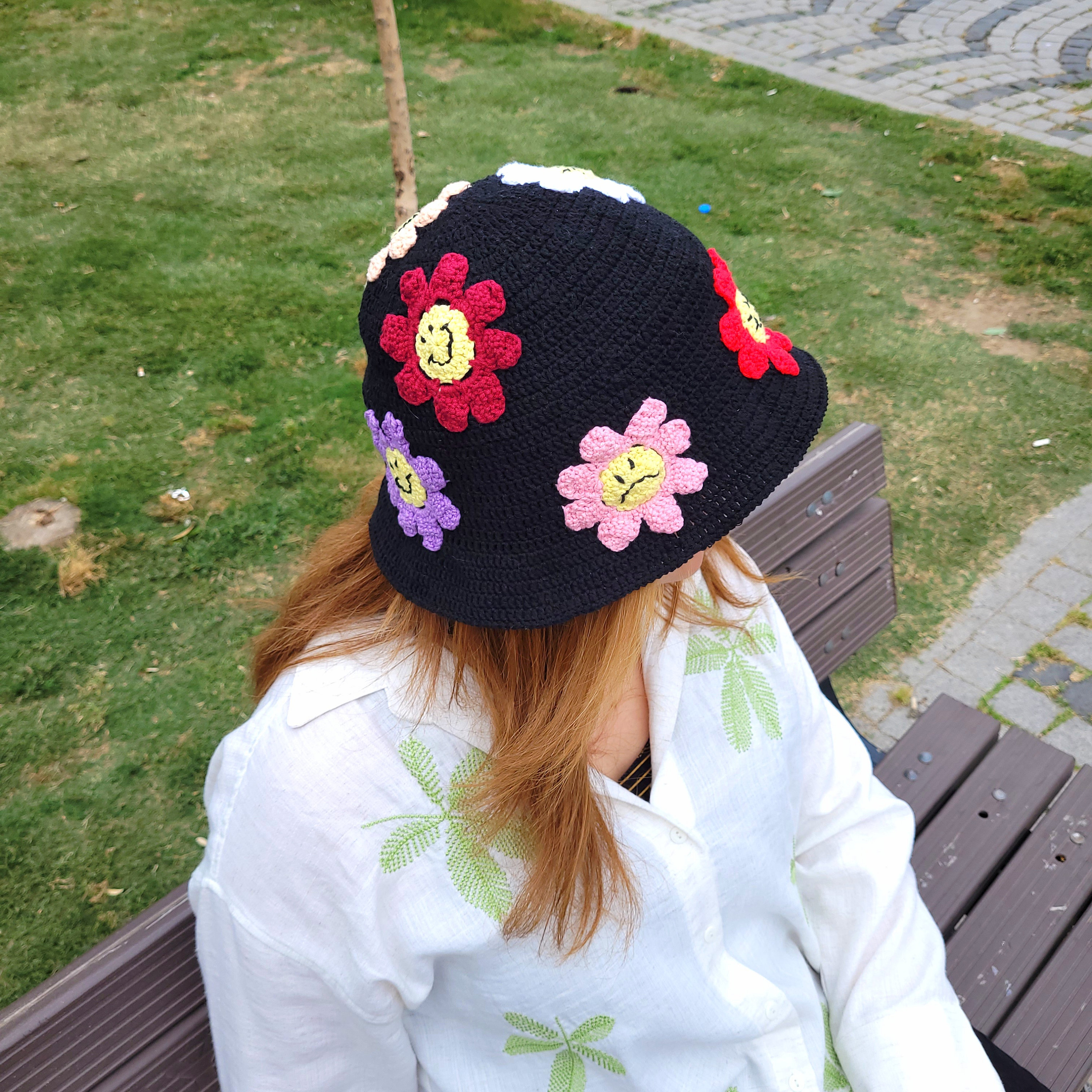 Black Colorful Crochet Bucket Hat | Knit Bucket Hat | Emoji