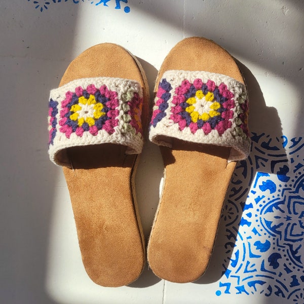 Women's Crochet Sandals, Multicolor Espadrilles, Colorful Granny Square Flat Summer Shoes, Boho Shoes, Casual Custom Shoes, Handmade