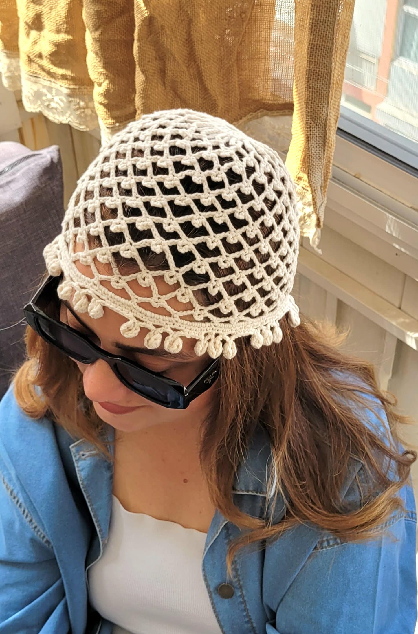 Handmade Crochet Cotton Mesh Hat, Ivory Lace Beanie, Retro 