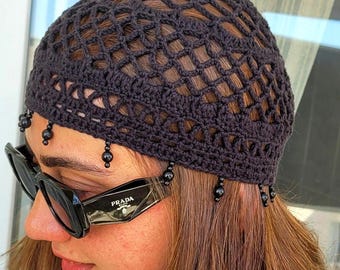 Handmade Crochet Beanie Sun Hat Lightweight Openwork Summer Skull Cap Solid Black Cotton Crochet Knit Hat Summer Beanie Women main image 2