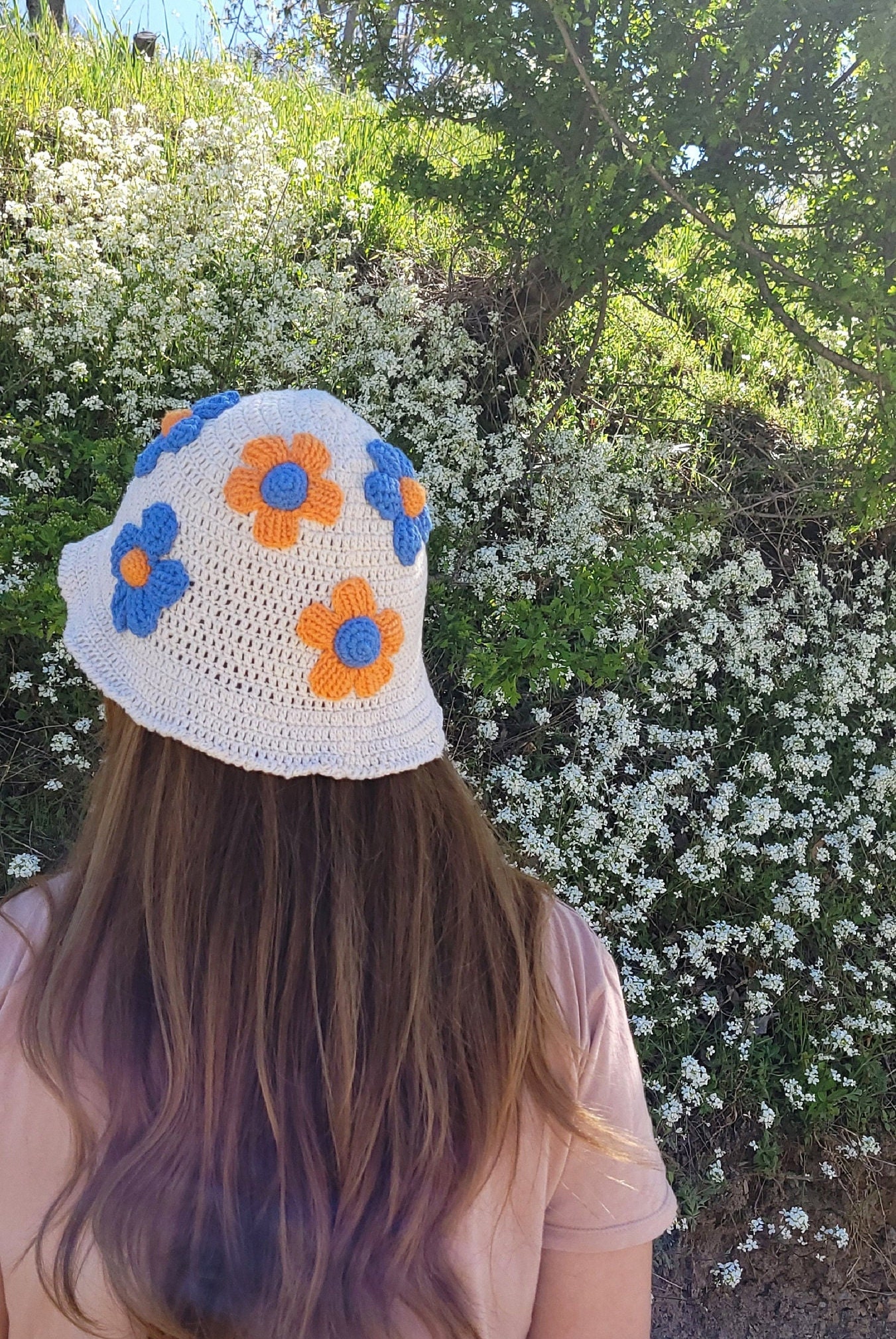 Beige Crochet Bucket Hat, Knit Bucket Hat, Orange & Blue