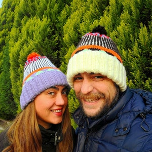 Hand knit funny cuffed beanie, Couples matching hat, Wool ski hat, Couples gift, Valentines gift, Multicolor, Pom pom, Fleece lined image 7