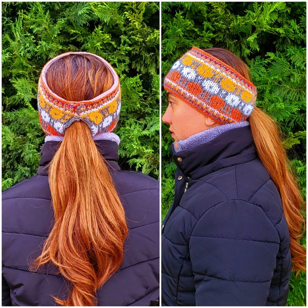 Hand Knitted Fair Isle Winter Headband| Ponytail Ear Warmer| Warmer Snow Headband|Womens Warm Headband|Fleece Lined|Chunky Headband|Handmade