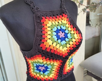 Pride Crop Top, Crochet Tank Top, Granny Square Halter Top, Rainbow Knit Summer Crop Top, Happy Pride Month Gift, Racerback Tank top