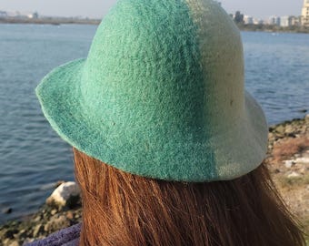 Kapelusz damski z płaskim rondem XL | Kapelusz typu bucket hat z filcu w 100% | Kapelusz boho z organicznej wełny | Dwukolorowy kapelusz retro | Ciepły, stylowy kapelusz | Czepek do sauny