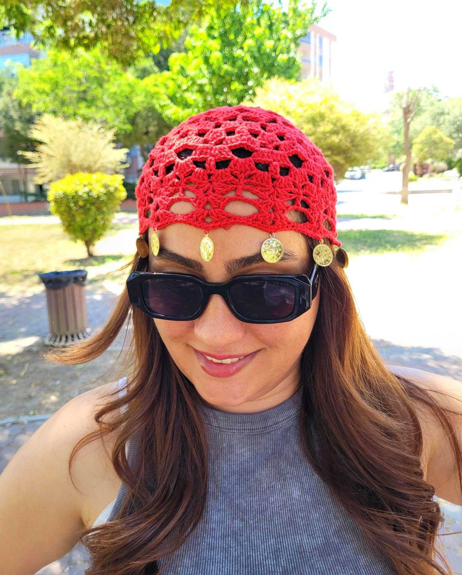 Handmade Red Crochet Beanie, Cotton Mesh Fishnet Hat, Summer Skull Cap ...