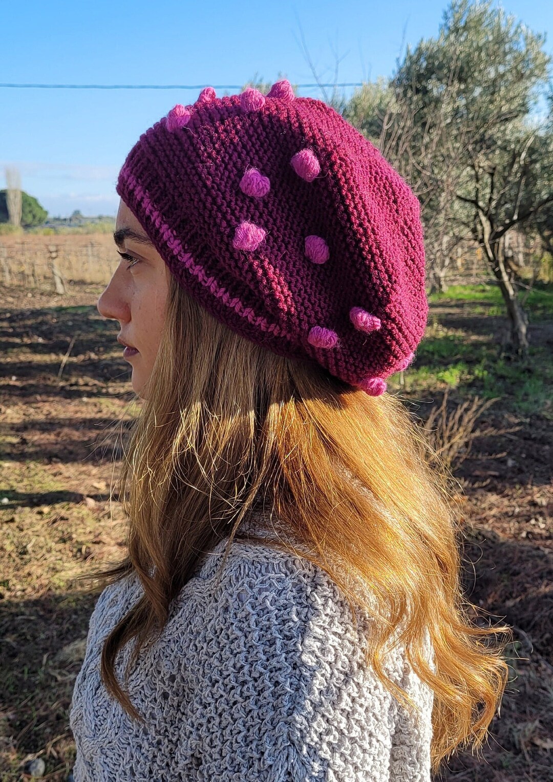 Hand Knit Raspberry Wool Beret: Oversized Slouchy Hat - Etsy