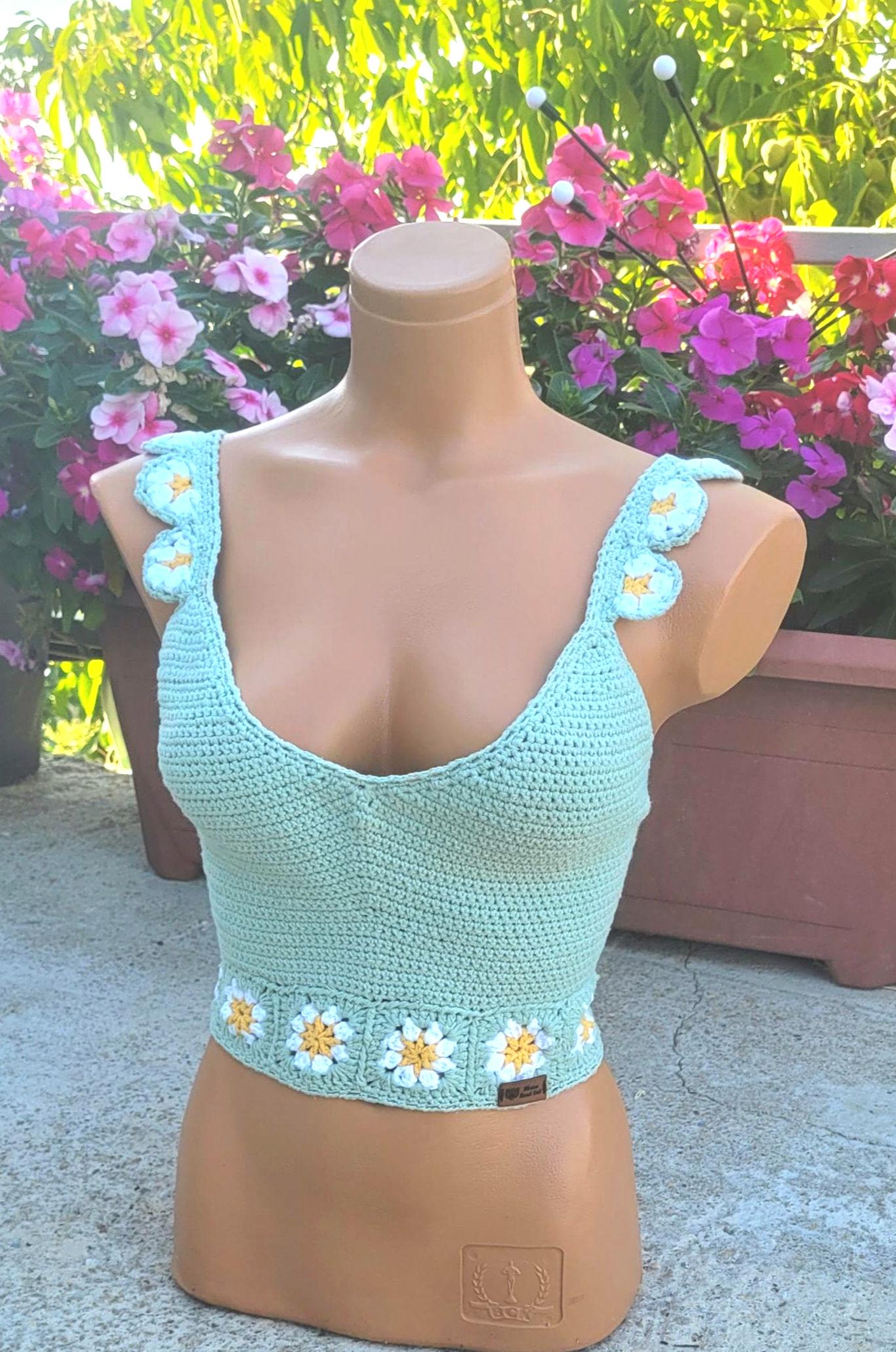 Vintage style 1970s Mint Green crochet top, Daisy knit crop top, Back Tie Tank Tops, Criss Cross Top, Hippi boho top, Handmade shirt