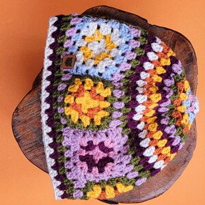 Crochet Granny Square Hat and Hand Warmer Set: Multicolor Flower Beanie Skullcap beanie