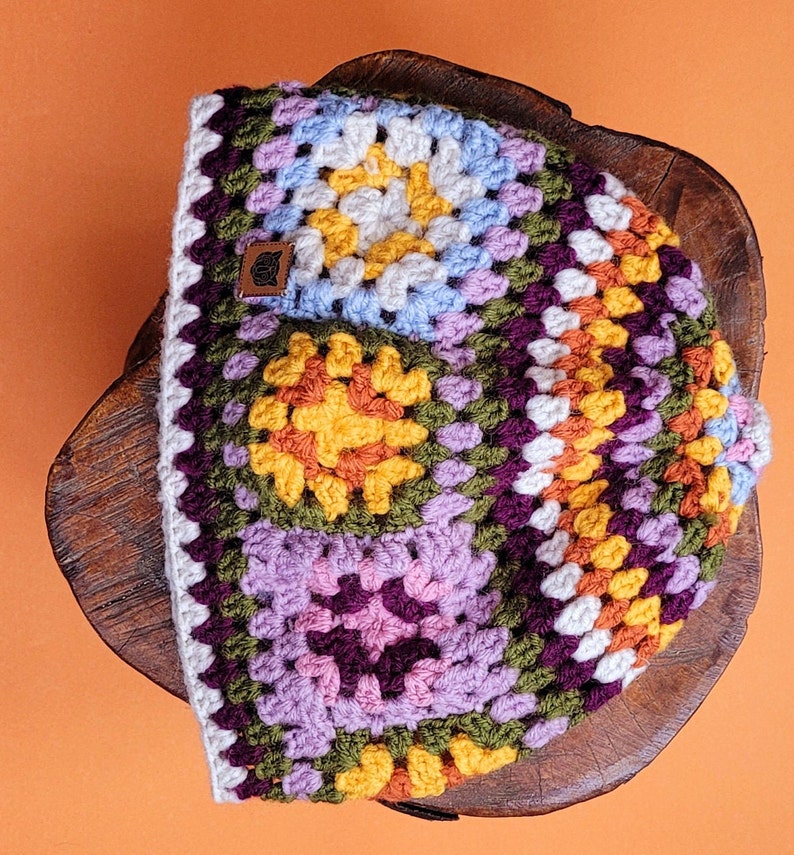 Crochet Granny Square Hat and Hand Warmer Set: Multicolor Flower Beanie Skullcap beanie