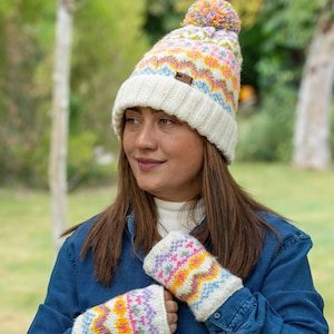 Pastel hand knitted fair isle hat, Handmade Beanie and handwarmers, Ski Bobble Beanie,Matching Set, Fleece lined, Cosy & Warm, Multicolor