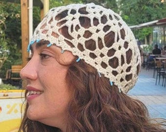 Beaded Crochet Mesh Knitted Hat in Ivory, Skull hat, Retro hat, Crochet hat, Summer Hat, Crochet Lace Beanie, Handmade Gift