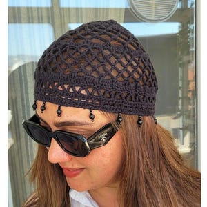 帽子 TENDERLOIN CROCHET NAVY Beaded Black Crochet Hat, Cotton Mesh Knitted Hat, Skull Cap