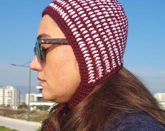 Ręcznie robiony na drutach prążkowany czepek: szydełkowana zimowa czapka kominiarka