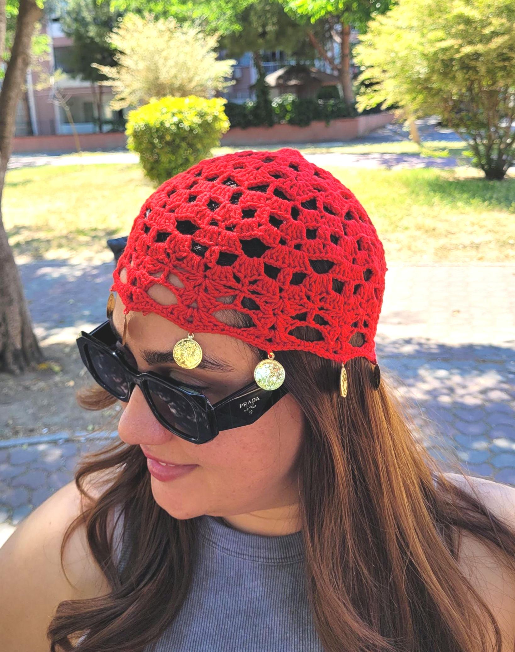 Handmade Red Crochet Beanie, Cotton Mesh Fishnet Hat, Summer Skull Cap ...