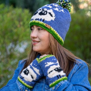 Sheep beanie, Hand knit wool pom pom hat , Fingerless gloves, Matching Set, Fluffy cute lamb, Cozy and warm, Fleece lined, Handmade