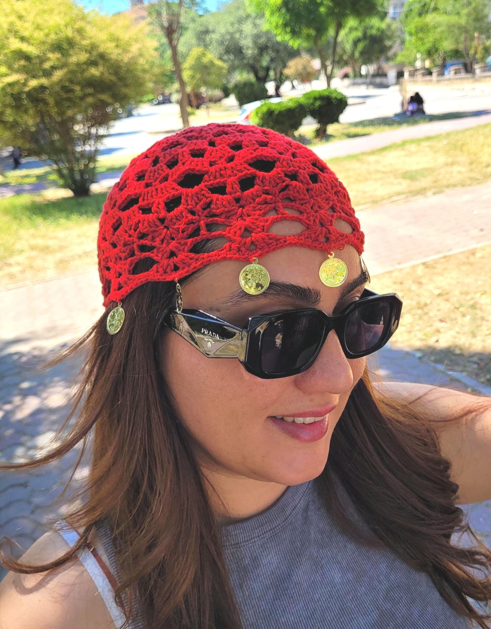 Handmade Red Crochet Beanie, Cotton Mesh Fishnet Hat, Summer Skull Cap ...
